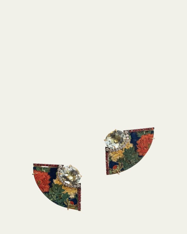East West 18K Yellow Gold Prasiolite, Orange Sapphire, and Diamond Painted Earrings